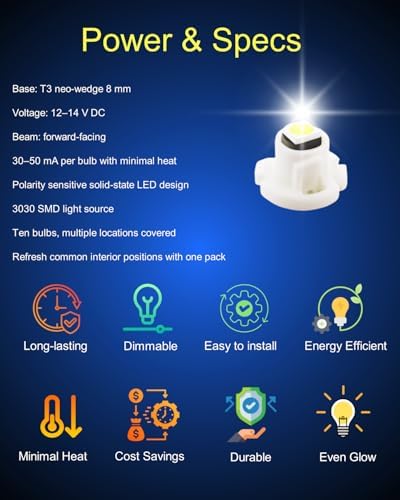 WLJH 10x White T3 Neo Wedge 3030 SMD Chipest 8mm Base Led Car Instrument Cluster Dashboard Gauge Bulb HVAC AC Heater Climate Controls Lamps Switch Indication Interior Light Replacement - Image 4