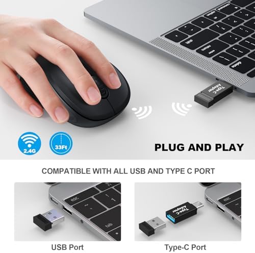 WisFox 2.4G Wireless Mouse for Laptop, Ergonomic Computer Mouse with USB Receiver and Type-C Adapter, 3 Adjustable Levels, 6 Button Cordless Wireless Mice for Windows Mac PC Notebook (Black) - Image 2