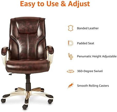 Amazon Basics Executive High Back Office Chair, Adjustable Height, Tilt, Swivel, Padded Armrests, Brown/Gold - Image 3