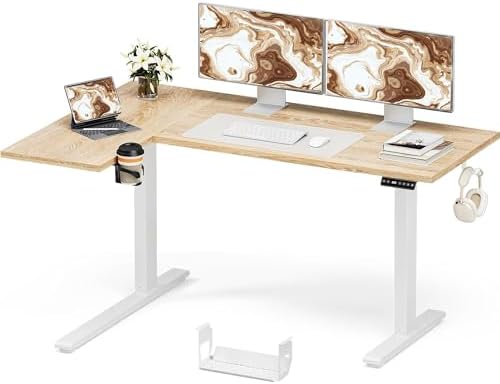 Muvai 59" L Shaped Standing Desk with Cable Tray, Reversible, Oak by Unknown