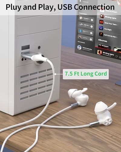 USB Earbuds with Microphone for PC Laptop,USB A Headphones,White - Image 4