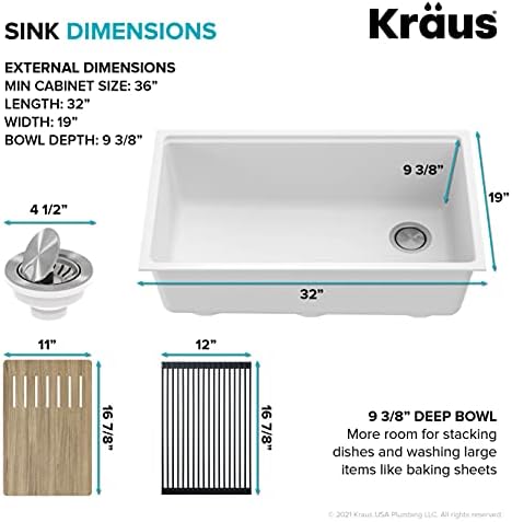 Kraus KGUW1-33WH-100-100, Bellucci Workstation 32 in. Undermount Granite Composite Single Bowl Kitchen Sink in White with WasteGuard 1 HP Continuous Feed Garbage Disposal and Accessories - Image 4