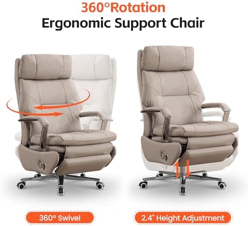 Big and Tall Executive Office Chairs with Footrest, Ergonomic 360° Swivel Desk Chair High Back Recliner, Manual 150° Reclining Computer Gaming Chair with Wheels for Home Office Faux Leather, Khaki - Image 6