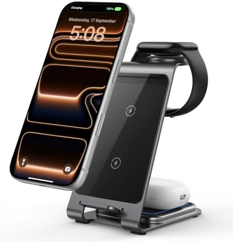 Intoval Aluminum 3 in 1 Wireless Charging Station for iPhone 17 16 15 14 13 12 11 Pro Max XR, Wireless Charger for Apple Watch 11 10 9 8 7 Ultra SE 3 2, Phone Charger for AirPods 4 Pro 2 3 (Grey) by Intoval