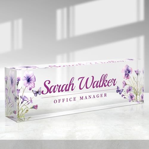 Custom Name Plate for Desk - Desk Name Plate Personalized - Acrylic Office Desk Accessories - Appreciation Gifts for Coworkers Employee Teacher Staff Boss - Office Decor for Women (Purple Flowers F) by Purdicra