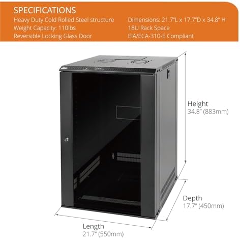 Tecmojo 18U Wall Mount Rack Network Cabinet for 19" IT Equipment,with Lockable Glass Door and Side Panels,Cooling Fan,Black,17.7inch Depth for AV/Computer/Electronics Equipment Data Rack - Image 2