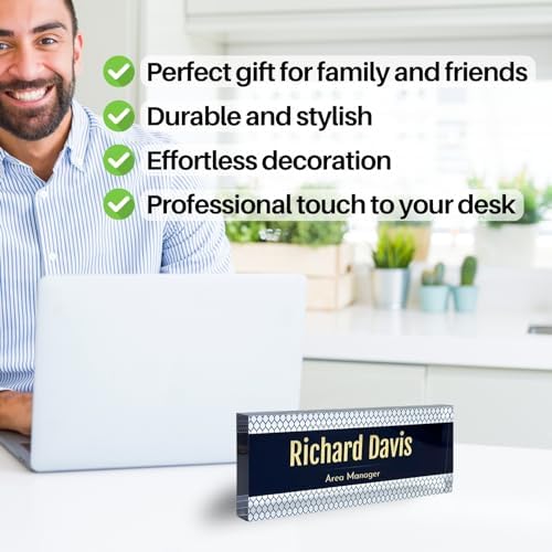 Customized Clear Acrylic Thick 8x3" Desk Name Plate Block with Personalized Logo - Professional Office Decor - Customized Acrylic Plate Gift for Teacher Co-workers (Elegant Navy) - Image 2