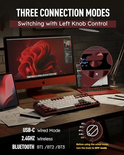 RK ROYAL KLUDGE M100 Wireless Mechanical Keyboard with Screen & Knobs, Red - Image 4