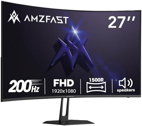 Amzfast 27 inch 200Hz Curved Gaming Monitor, FHD 1080p with Built-in Speakers, FreeSync, MPRT 1ms, 130% sRGB, 3000:1, 1500R, VESA Mount, HDMI 2.0&DP 1.4, 12 Months Warranty Exchange, AMZG27C1 by Amzfast