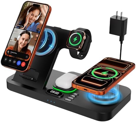 Dual Phone Magnetic Wireless Charging Station for Apple Devices, 7-Color Auto Light & 12H Clock, Multi-Device Charger foriPhone 18 Pro/18 Pro Max/17/16, for iWatch 11/10/9 & AirPods Pro3(Black by RRSPORTS