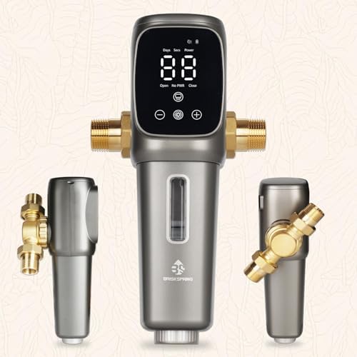 Automatic Spin Down Sediment Filters 40 Micron, Touch-Screen Auto Flushing and Drainage, 360°Rotatable Head, Reusable Whole House Water Filter, 1" MNPT + 3/4" FNPT, Gray by BriskSpring