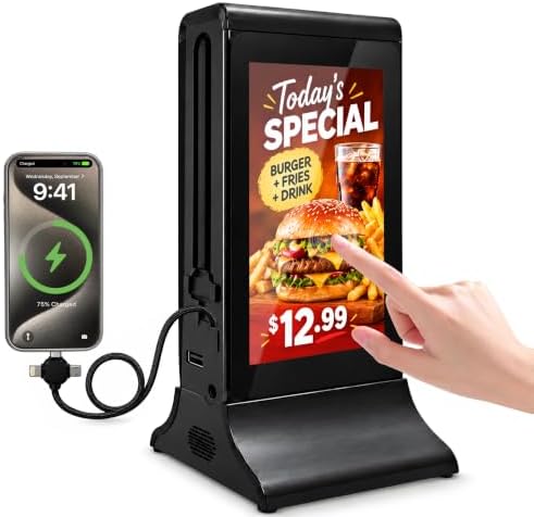 7 Inch Tabletop Digital Signage Display, Android Touchscreen Digital Menu Board with WiFi CMS, Battery-Powered Countertop Display with Phone Charging for Restaurants, Cafes, Bars & Hotels by NETSOLAR