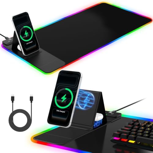 RGB Mouse Pad with Foldable Phone Stand & Wireless Charger, 31.5"x11.8" XL Gaming Mousepad Large Desk Mat, Desk Pad with Dual Charging for Phone & AirPods | 11 Colors & 5 Modes | Waterproof by miroddi