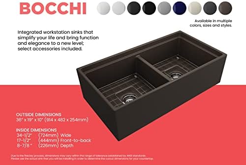 BOCCHI Contempo Workstation Apron Front Step Rim Fireclay 36 in. Double Bowl Kitchen Sink with Accessories in Matte Brown - Image 4