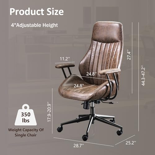 High Back Home Office Chair, Mid Century Vintage Executive Chair,Comfy Ergonomic Rolling Office Task Chair with Lumbar Support,Brown Faux Leather Office Chair,Dark Brown - Image 2
