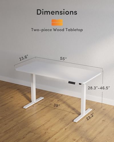 DESINO Standing Desk, 55 × 24 Inches Electric Height Adjustable, Sit and Stand Up, Computer Office Desk with Splice Board, White Frame/White TOP - Image 3