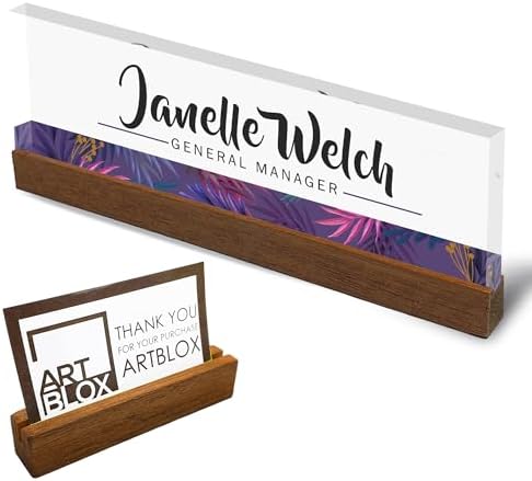 Artblox Personalized Office Desk Name Plate and Business Card Holder | Clear Acrylic Glass with Teak Wood Stand | Purple Stripe Design Customized with Your Name and Credentials Office Desk Décor by Artblox