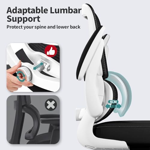 TRALT Office Chair - Ergonomic Desk Chair with Adjustable Lumbar Support, Mesh Computer Chair, Executive Chair for Home Office Comfortable Lumbar Support (1, White+Black) - Image 4