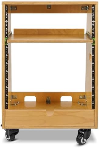 Sound Town DIY Slanted 12U Studio Rack (4U Top + 8U Lower), with 2U Bottom Storage, Slide-Out Tray, Caster, Plywood, Golden Oak for Recording Room, Home Studio (SDRK-ST12T) - Image 2