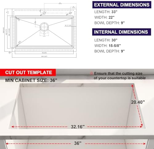 33x22 Drop In Single Bowl Workstation 33 Inch Handmade Kitchen Sink - Image 7