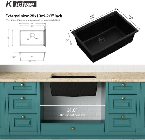 Kichae 28 Undermount Kitchen Sink Matte Black Granite Composite Workstation - Image 2