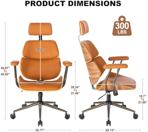 Mid-Century High Back Leather Office Chair with Headrest, Brown - Image 2