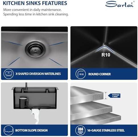 Sarlai Black Undermount Bar Sink With Foldable Faucet - 21x19 Inch Outdoor Black Kitchen Sink RV Workstation 16 Gauge Stainless Steel Single Bowl Handmade Outdoor BBQ Sinks with Lid - Image 5