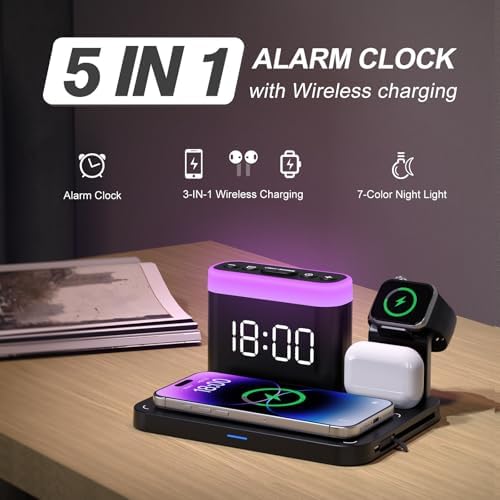ANJANK Wireless Charging Station,5 in 1 Multiple Charger Stand with Alarm Clock,7 Night Light,Magnetic Charging Dock for iPhone 18 17 16 15 Pro Max Duo Air Plus, Apple Watch 12/11, for Airpods,Bedroom - Image 2
