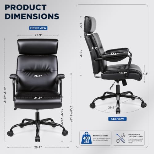 Executive Office Chair Ergonomic, Leather Desk Chair Comfy High Back, Black - Image 2