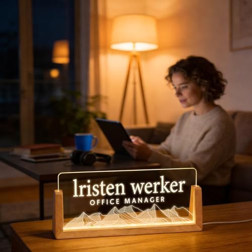 Personalized Light Up Acrylic Desk Name Plate - Custom Name Plate for Desk with Walnut Wood Base - Appreciation Office Gifts for Employees, Teacher, Social Worker (Mountain) - Image 3