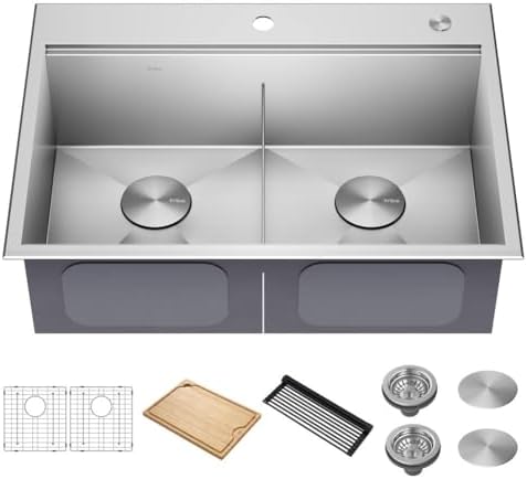 KRAUS Kore 30-Inch Drop In/Top Mount Workstation 16 Gauge 50/50 Double Bowl Stainless Steel Kitchen Sink with Accessories, KWT302-30 by Unknown