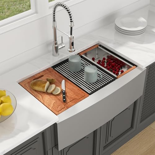 Lordear 33 inch T304 16 Gauge Stainless Steel Farmhouse Kitchen Sink Double Bowl Apron Front Ledge Workstation Low Divide Double Basin 50/50 Farm Style Kitchen Sinks 33x22x9 Inch - Image 2