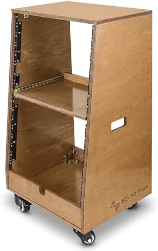 Sound Town DIY Slanted 16U Studio Rack (8U Top + 8U Lower), with 2U Bottom Storage, Slide-Out Tray, Caster, Plywood, Weathered Brown for Recording Room, Home Studio (SDRK-ST16TB) - Image 2