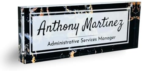 Customized Clear Acrylic Thick 8x3" Desk Name Plate Block with Personalized Logo - Professional Office Decor - Customized Acrylic Plate Gift for Teacher Co-workers (Black Marble) by ClickedCraft