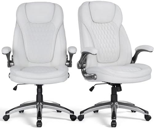 COLAMY Office Chair Ergonomic Desk Chair Set of 2-Executive Office Chair with Upgraded Caters, High Back Computer Chair Flip-up Arms, Swivel Leather Chair for Work/Study, 300lbs, White by COLAMYHOME