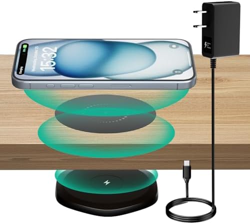 KPON Invisible Wireless Charger,30mm Under Desk Charger Mat, Furniture Table Nightstand Desktop Charging Station for iPhone17/16/15/14/13/12/Samsung/LG/Google Pixel Desk Essentials(with QC Adapter) by KPON
