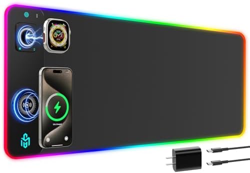 GIM RGB Gaming Mouse Pad with Simultaneous Charging for Phone & iWatch, LED Mouse Mat 800x300x4MM, 14 Light Modes, Non-Slip Rubber Base, Computer Keyboard Mat for Gaming, 20W PD Adapter Included by Unknown