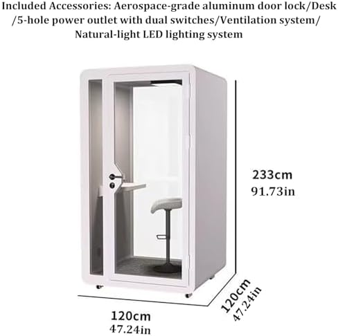 Soundproof Office Pod Booth Mobile Office Pod Booth with Desk/Tempered Glass Door/LED Light/Metal Lock, Private Meeting Room for Focused Study Read or Work, Call Privacy(C,120x120x233cm) - Image 7