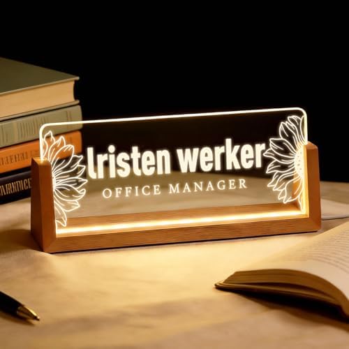 Personalized Light Up Acrylic Desk Name Plate - Custom Name Plate for Desk with Walnut Wood Base - Appreciation Office Gifts for Employees, Teacher, Social Worker (Sunflower-2) by Unknown