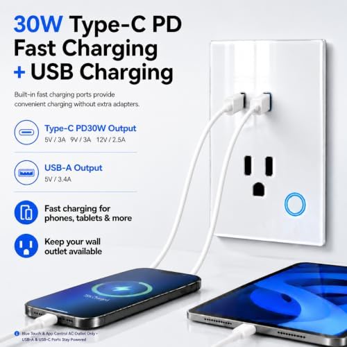 Melery Smart WiFi Wall Outlet with USB-A & 30W USB-C PD Fast Charging, 15A Smart Receptacle, Smart Life/Tuya App Remote Control, Compatible with Alexa & Google Home, Timer & Schedule - Image 3