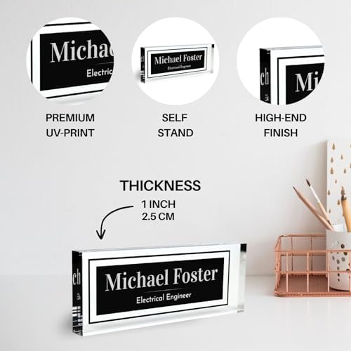 Customized Clear Acrylic Thick 8x3" Desk Name Plate Block with Personalized Logo - Professional Office Decor - Customized Acrylic Plate Gift for Teacher Co-workers (Elegant Charcoal) - Image 6