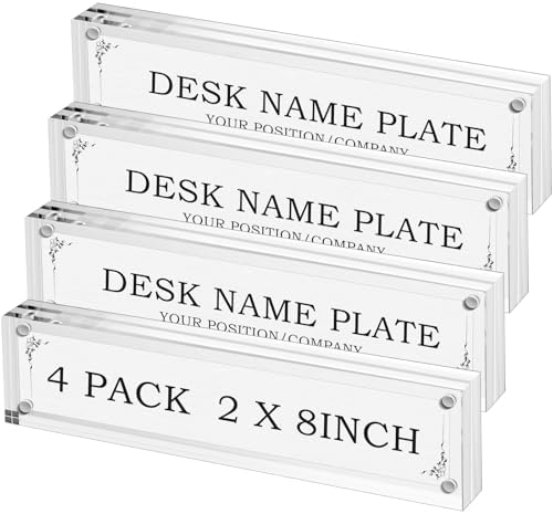 Geetery 4 Pcs Acrylic Office Desk Name Plate Personalized Clear Acrylic Block Double Sided Table Name Plate Holder Business Magnet Frame DIY Desktop Holder Accessories Decor (2" x 8") by Geetery