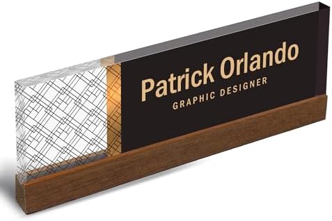 Artblox Personalized Office Desk Name Plate and Business Card Holder | Clear Acrylic Glass with Teak Wood Stand | Abstract Net Design Customized with Your Name and Credentials Office Desk Décor - Image 5