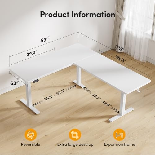 Cubiker 75 * 63" L Shaped Standing Desk, Reversible Corner Standing Desk, Suitable for Home Office, White - Image 2