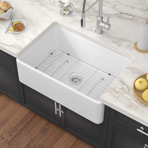 White Farmhouse Sink 30 Inch Fireclay Apron Front Farm Sink 30"x20"x9" Glossy White Porcelain Farms House Style Single Bowl Farmhoues kitchen Sinks with Luxury Accessories by Couoko