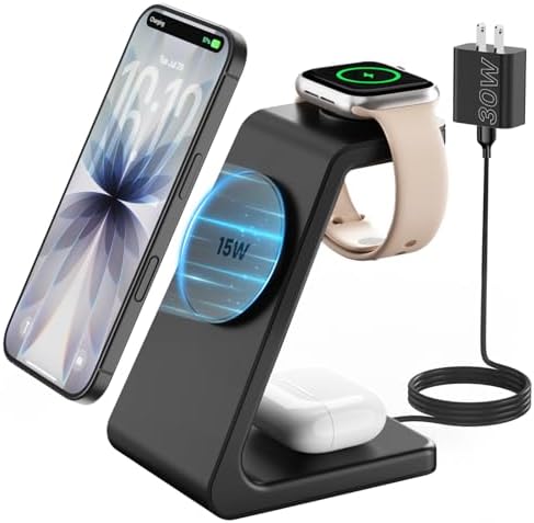 15W Charging Station for iPhone 17: JoyGeek 3-in-1 Fast Wireless & Magnetic Charger for Magsafe, iPhone 17-12, Apple Watch Ultra 2-11 & AirPods 2-4, Includes 30W PD Adapter by JoyGeek