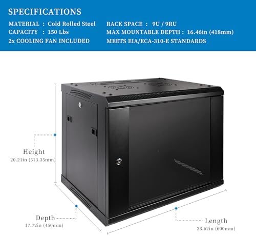 RackPath 9U Professional Wall Mount Server Cabinet Network Rack Enclosure with 2X Quiet Cooling Fan, 1x Brush Cable Management Panel, Black - Image 2