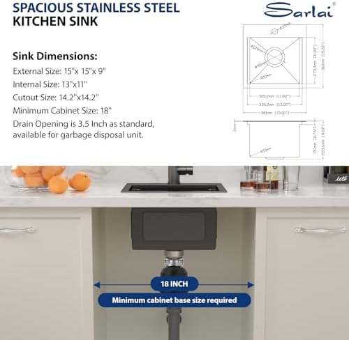Sarlai Drop Bar Sink -15 Inch Black Outdoor Kitchen Sink Gunmetal Black Drop In Workstation 15 x 15 Topmount Stainless Steel 16 Gauge Single Bowl Kitchen Bar Prep RV Outdoor Sinks Basin - Image 6