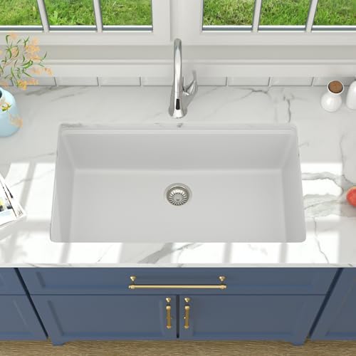 Lordear 32 Granite Composite Kitchen Sink Undermount 32"x19" White Kitchen Sink Deep Single Bowl Under Counter Workstation Sinks with Accessories - Image 5