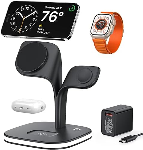 EXW Wireless Charging Station for Magsafe Charger,Charging Station for Multiple Devices,Wireless Charger for iPhone 17 Air 16 15 14 13 12,Apple Watch,AirPods with LED(Black) by EXW